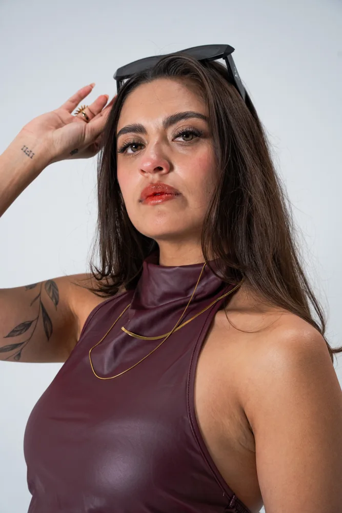 Andrea Maldonado, close-up portrait with red lips